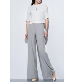 White Round Neck Top Wide Leg Pant Two-Piece Suit