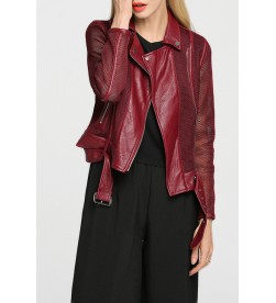 Burgundy Lapel Collar Motorcycle Jacket