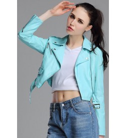 Pool Blue Belted Crop Motorcycle Jackets