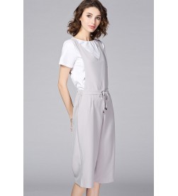 White T-shirt with Light Grey Suspender trousers