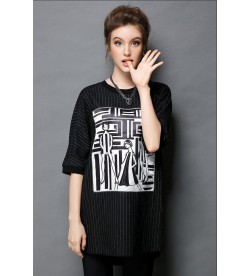 Black Geometric Pattern Striped Tunic