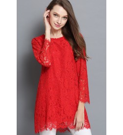 Red Round Neck Lace Tunic