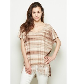 Coffee Batwing Sleeves Fringed Tunic