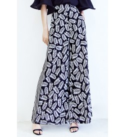 Black Leaves Print Wide Legs Pants