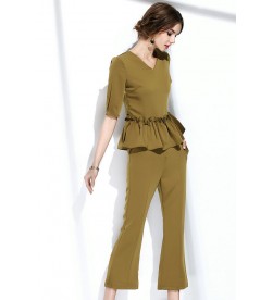 Green Plain Ruffle V-neck Two Piece Suit