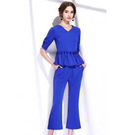 Royal Blue Plain Ruffle V-neck Two Piece Suit