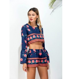 Dark Blue Floral Long Sleeves Crop Top With Shorts