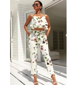 White Floral Print Spaghetti Top And Pants