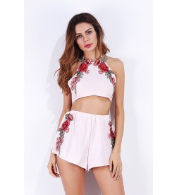 Pink Embroidered Cropped Halter Top With Shorts