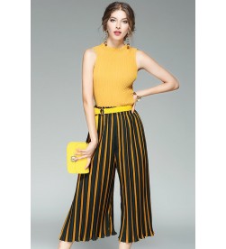 Yellow Pleated Sleeveless Top With Striped Pants