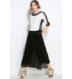 White Round Neck Top With Black Wide Leg Pants