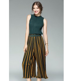 Green Pleated Sleeveless Top With Striped Pants